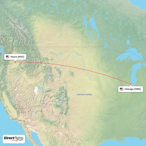 Pasco - Chicago direct flight map