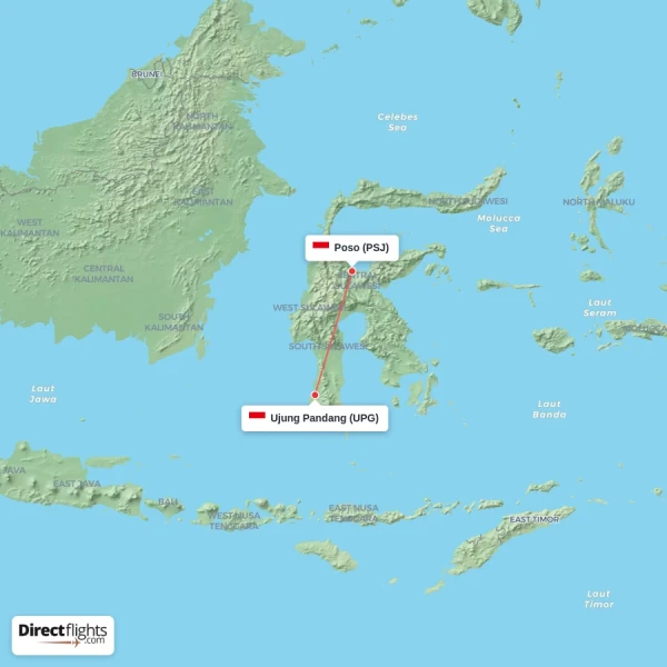 Poso - Ujung Pandang direct flight map