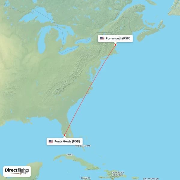 Portsmouth - Punta Gorda direct flight map
