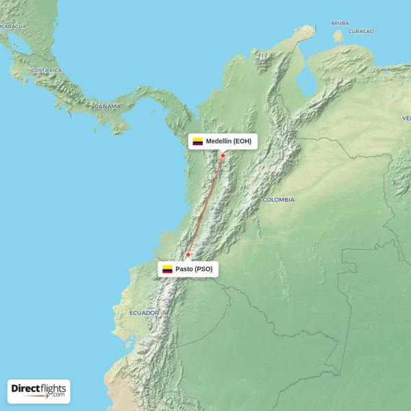 Pasto - Medellin direct flight map