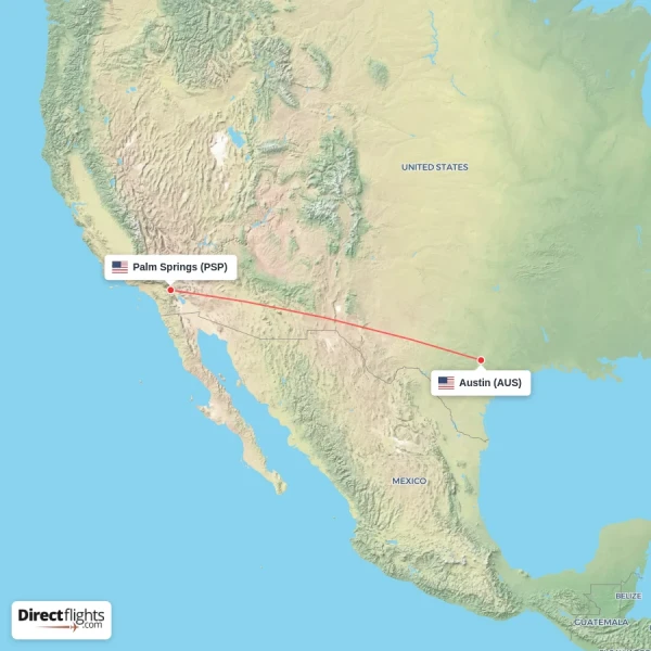 Palm Springs - Austin direct flight map