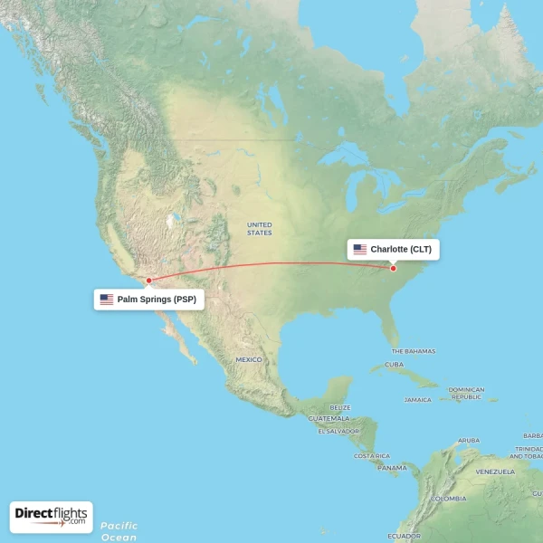 Palm Springs - Charlotte direct flight map