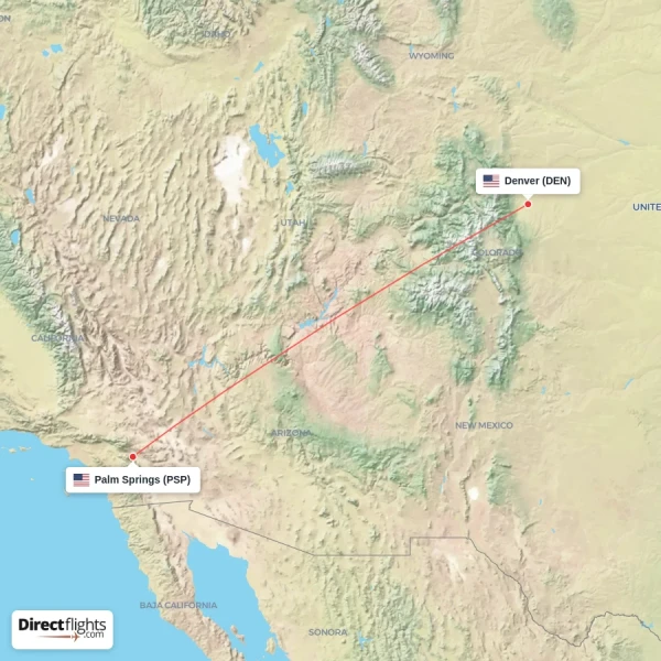 Palm Springs - Denver direct flight map
