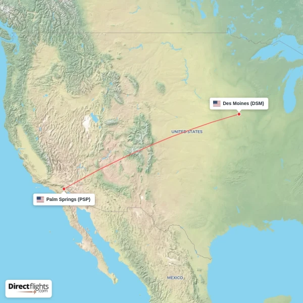 Palm Springs - Des Moines direct flight map