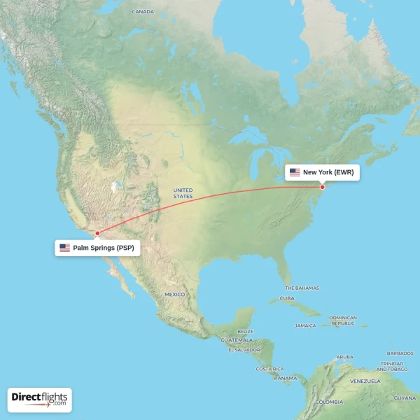 Palm Springs - New York direct flight map