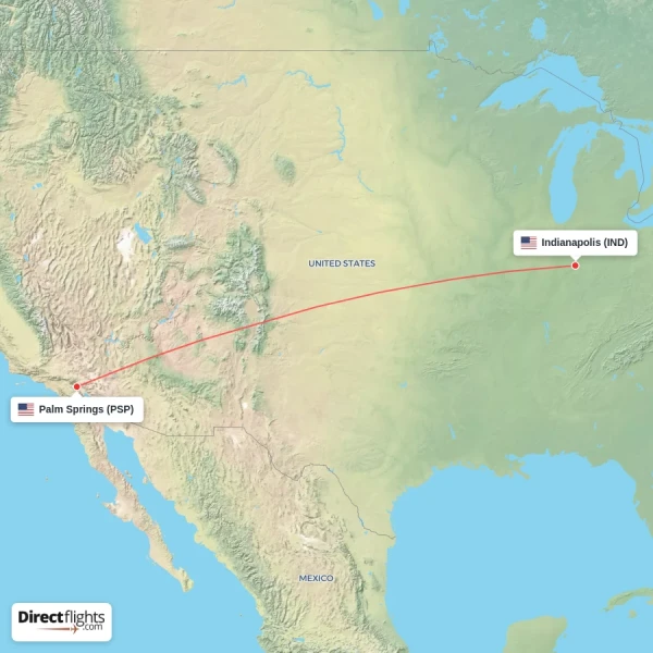Palm Springs - Indianapolis direct flight map