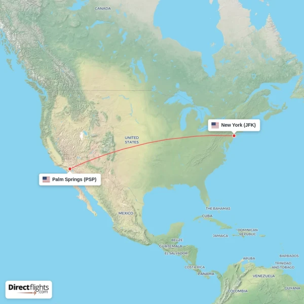 Palm Springs - New York direct flight map