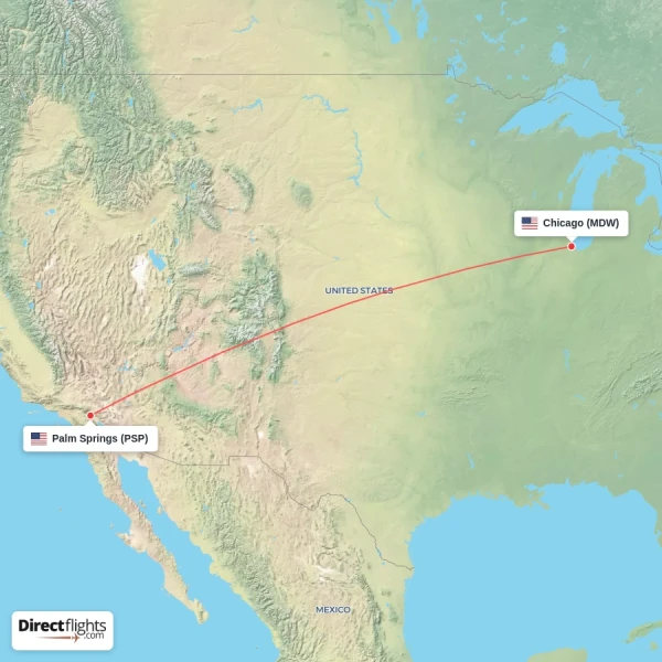 Palm Springs - Chicago direct flight map