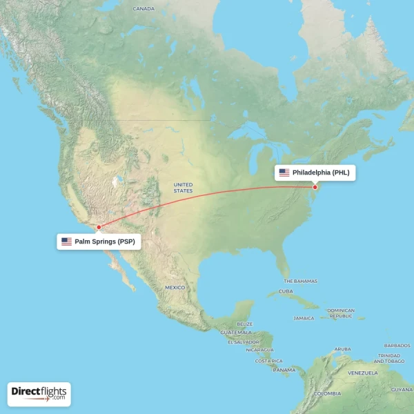 Palm Springs - Philadelphia direct flight map