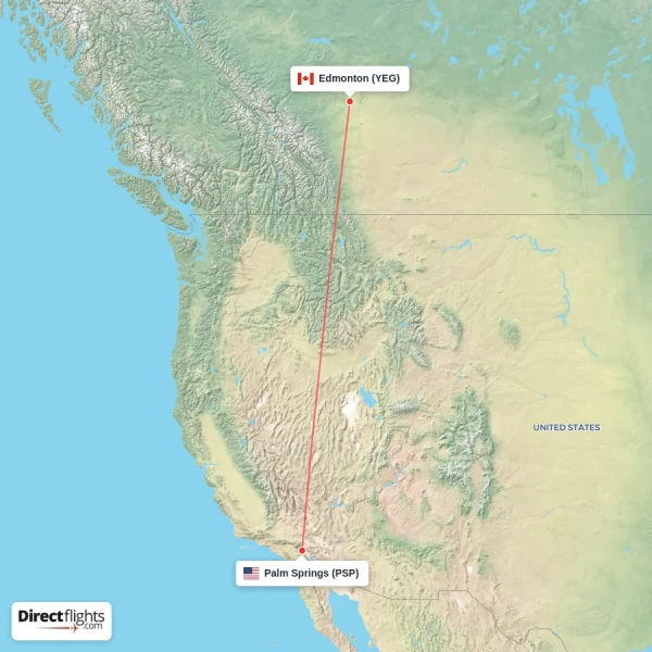 Palm Springs - Edmonton direct flight map