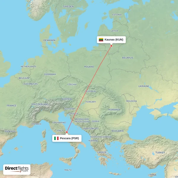 Pescara - Kaunas direct flight map