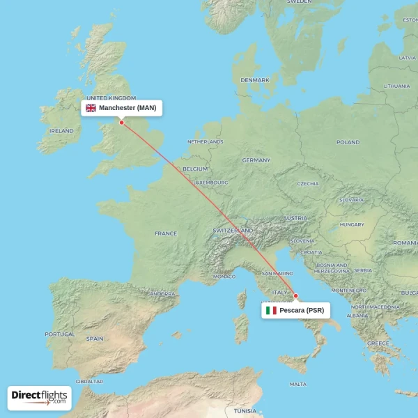 Pescara - Manchester direct flight map
