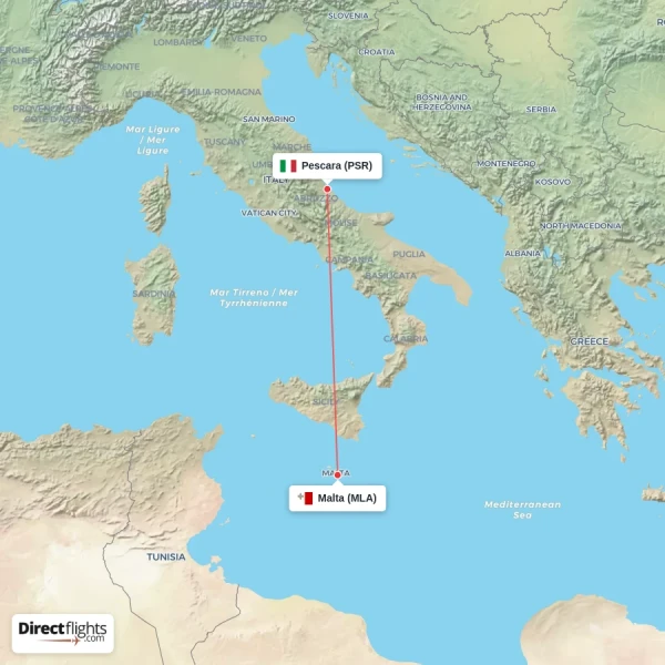 Pescara - Malta direct flight map