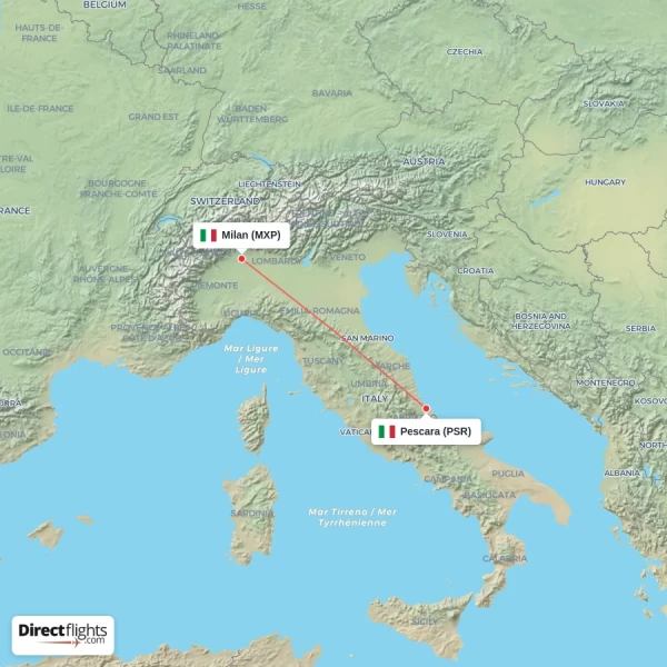 Pescara - Milan direct flight map