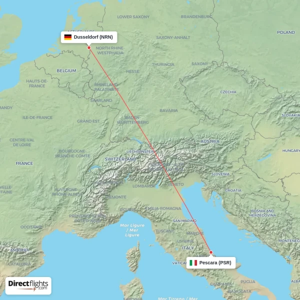 Pescara - Dusseldorf direct flight map
