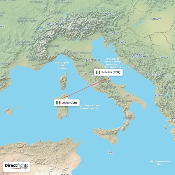 Pescara - Olbia direct flight map
