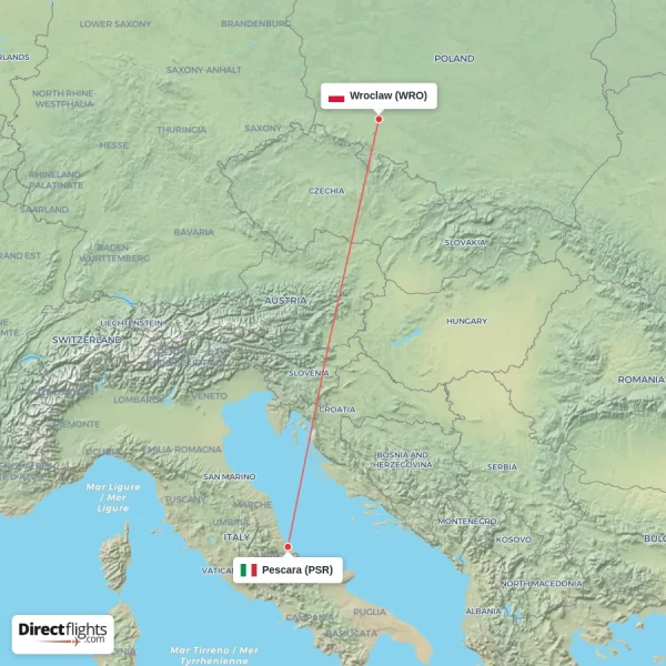Pescara - Wroclaw direct flight map