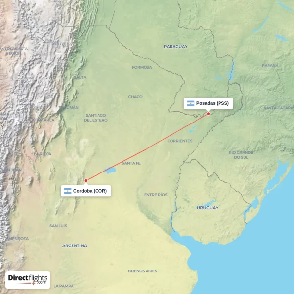 Posadas - Cordoba direct flight map