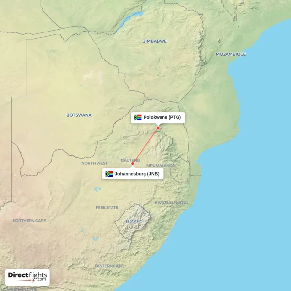 Polokwane - Johannesburg direct flight map