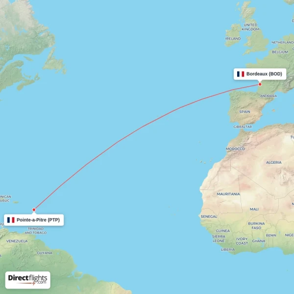 Pointe-a-Pitre - Bordeaux direct flight map