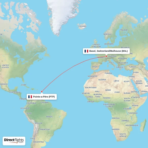 Pointe-a-Pitre - Basel, Switzerland/Mulhouse direct flight map
