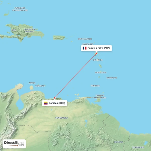 Pointe-a-Pitre - Caracas direct flight map