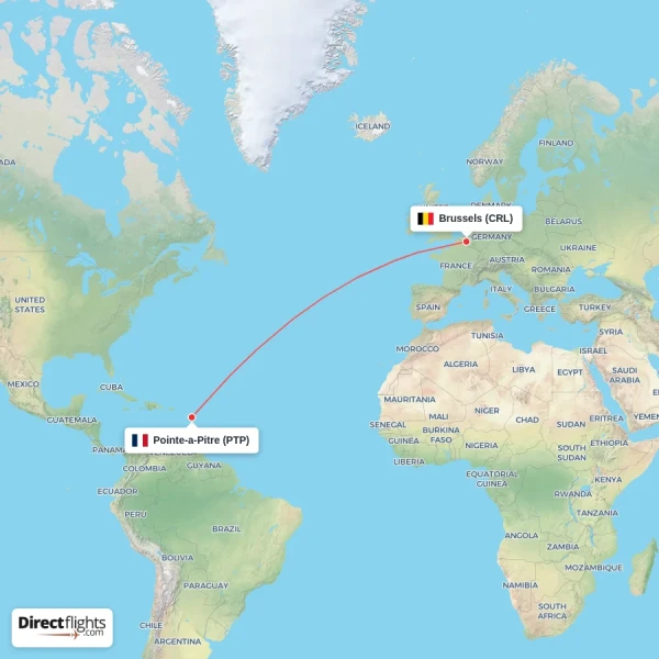 Pointe-a-Pitre - Brussels direct flight map