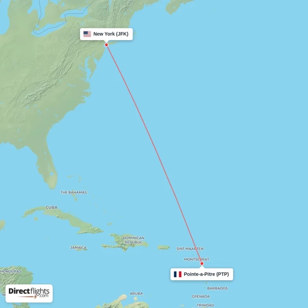 Pointe-a-Pitre - New York direct flight map