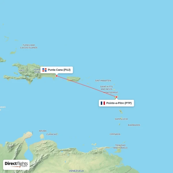 Pointe-a-Pitre - Punta Cana direct flight map