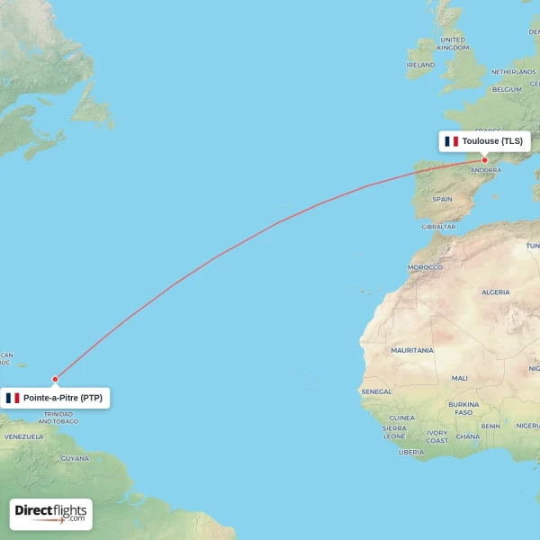 Pointe-a-Pitre - Toulouse direct flight map
