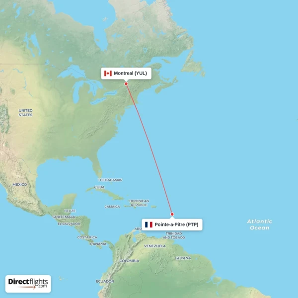 Pointe-a-Pitre - Montreal direct flight map
