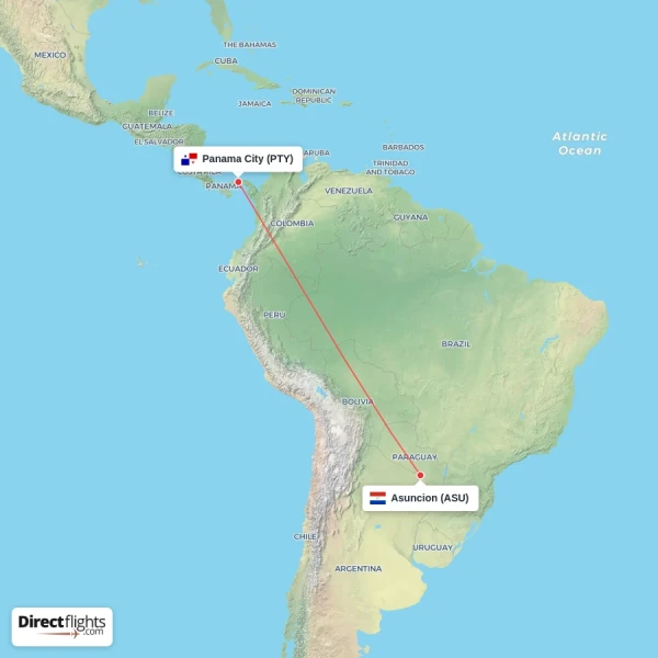 Panama City - Asuncion direct flight map
