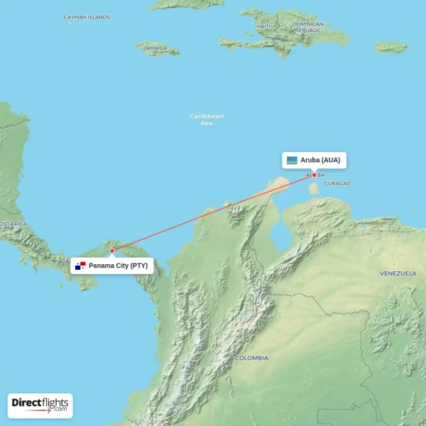 Panama City - Aruba direct flight map