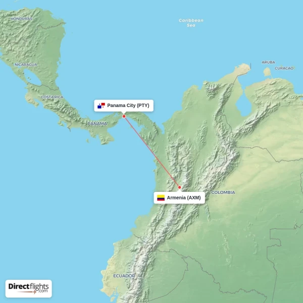 Panama City - Armenia direct flight map