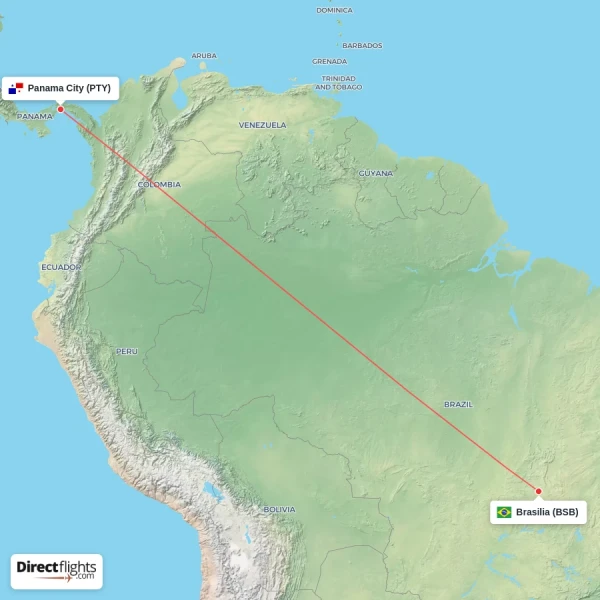 Panama City - Brasilia direct flight map