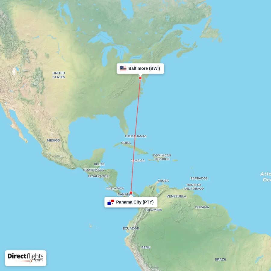 PTY - BWI route map