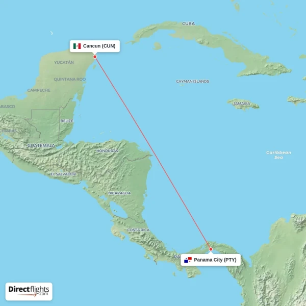 Panama City - Cancun direct flight map