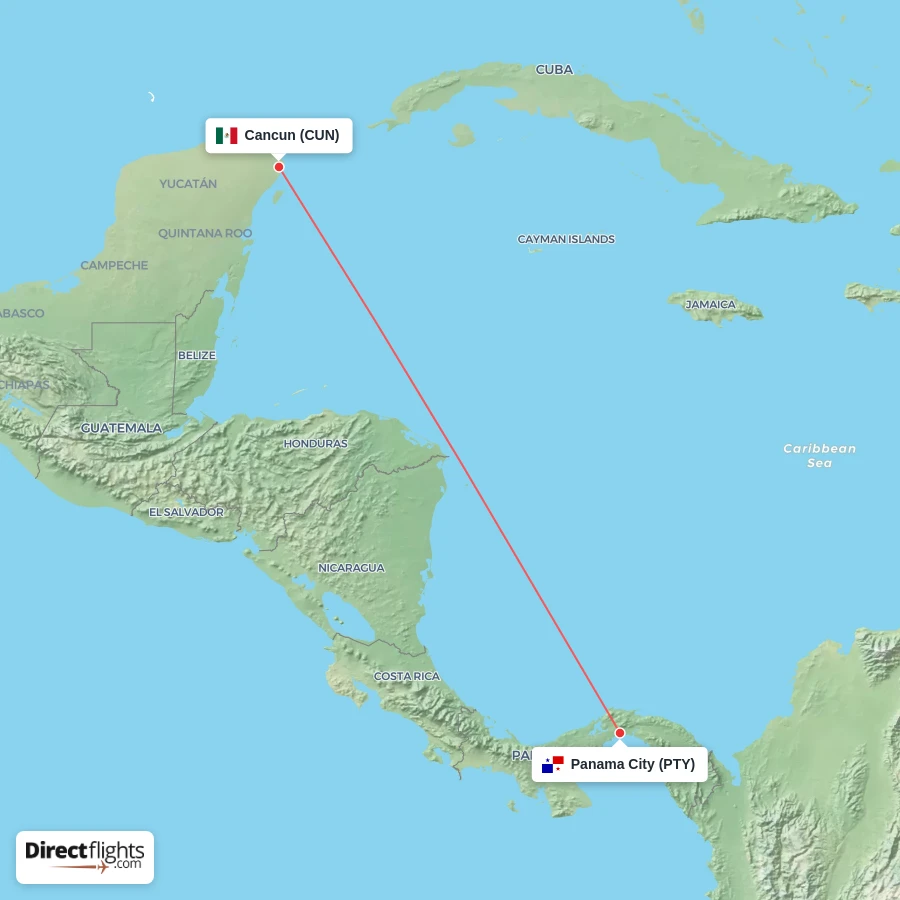 PTY - CUN route map