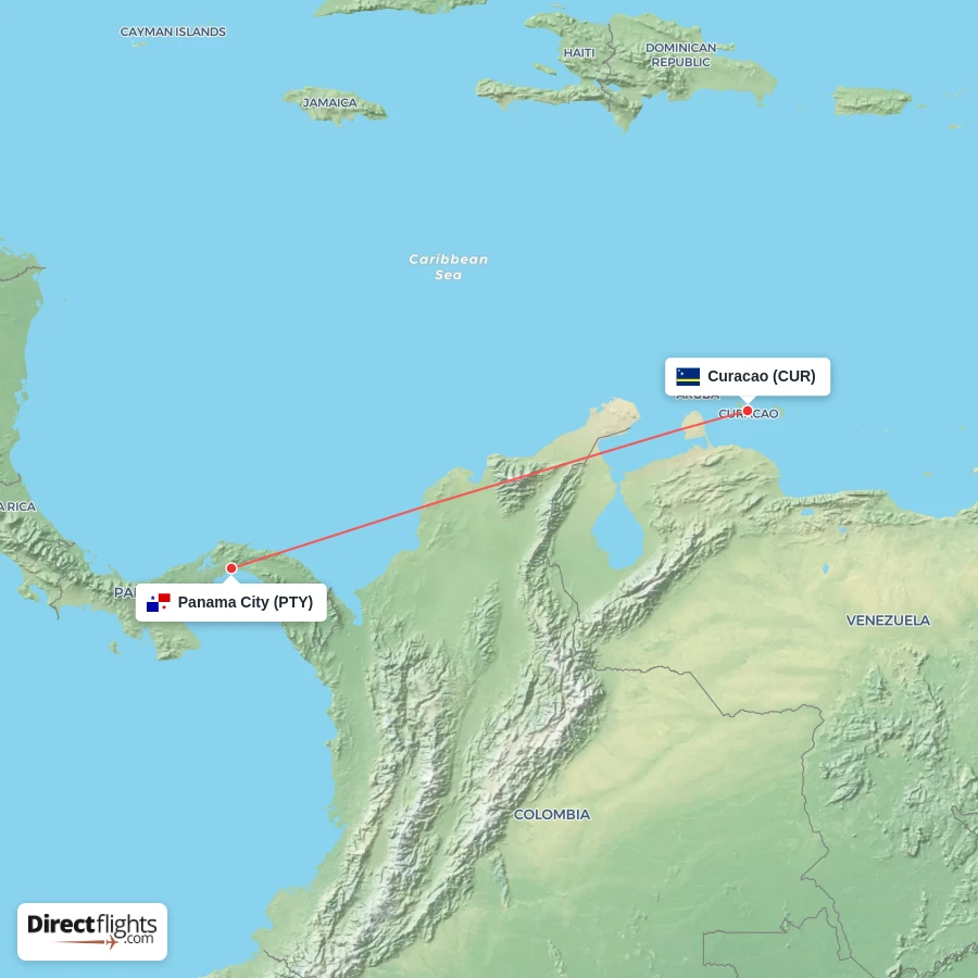 PTY - CUR route map