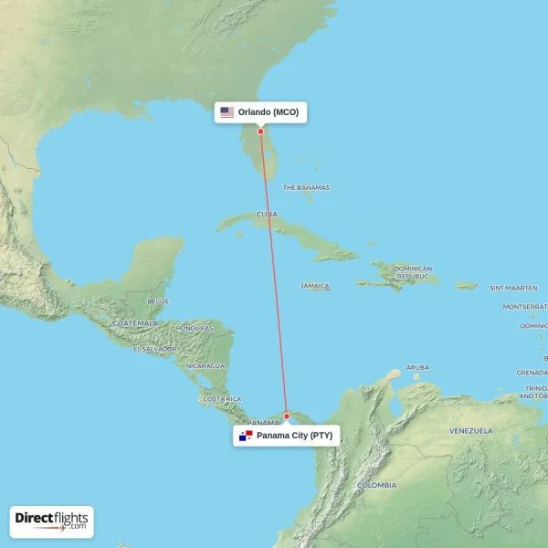 Panama City - Orlando direct flight map