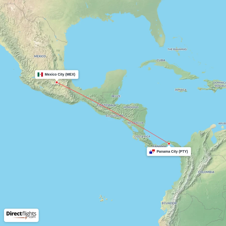 PTY - MEX route map