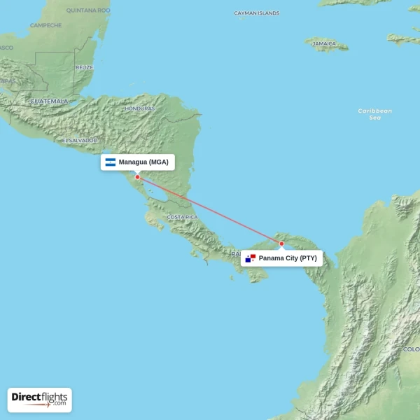Panama City - Managua direct flight map