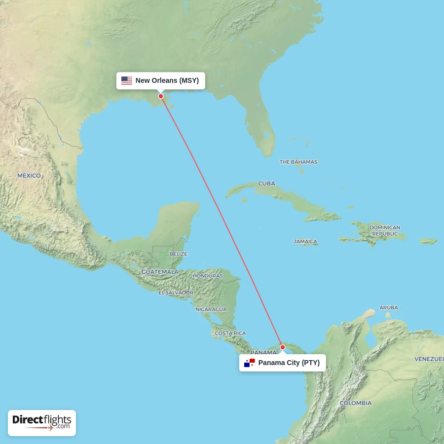 PTY - MSY route map