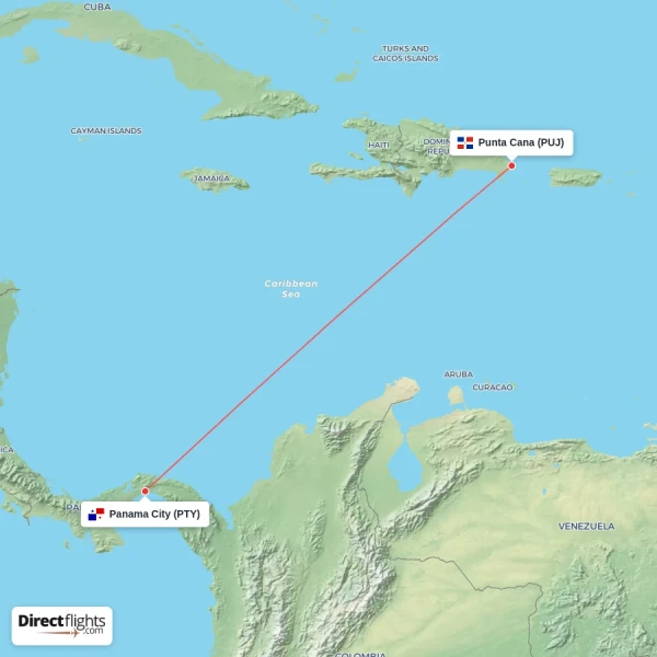 Panama City - Punta Cana direct flight map