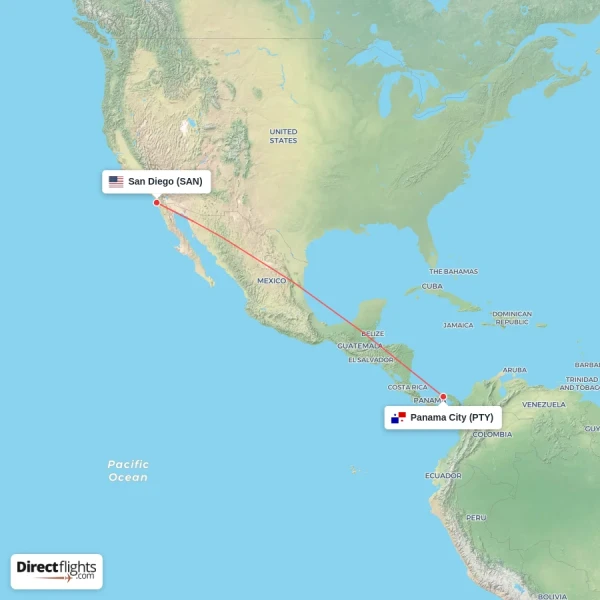 Panama City - San Diego direct flight map
