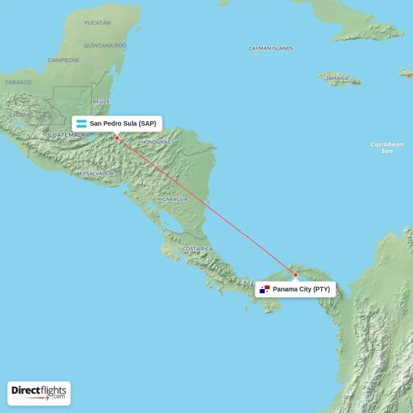 Panama City - San Pedro Sula direct flight map