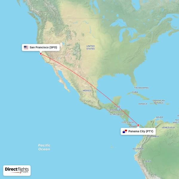 Panama City - San Francisco direct flight map