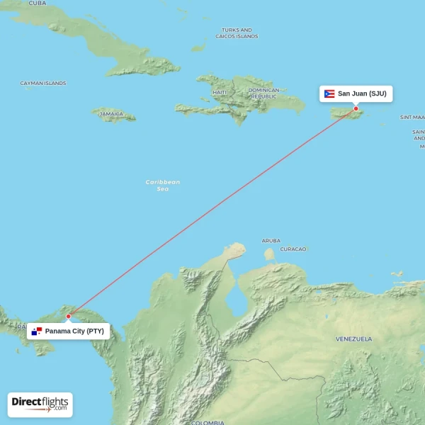 Panama City - San Juan direct flight map