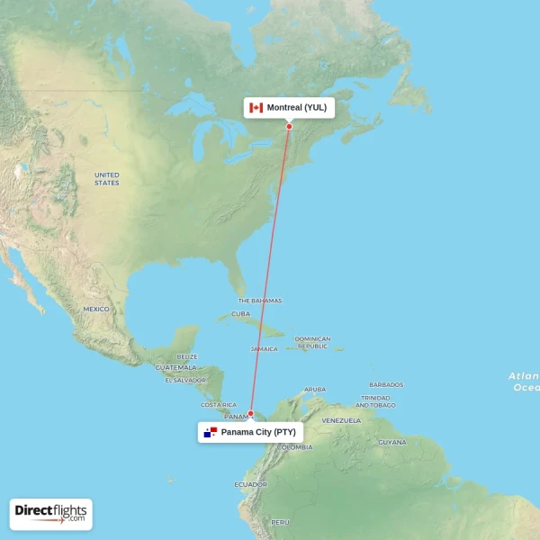Panama City - Montreal direct flight map