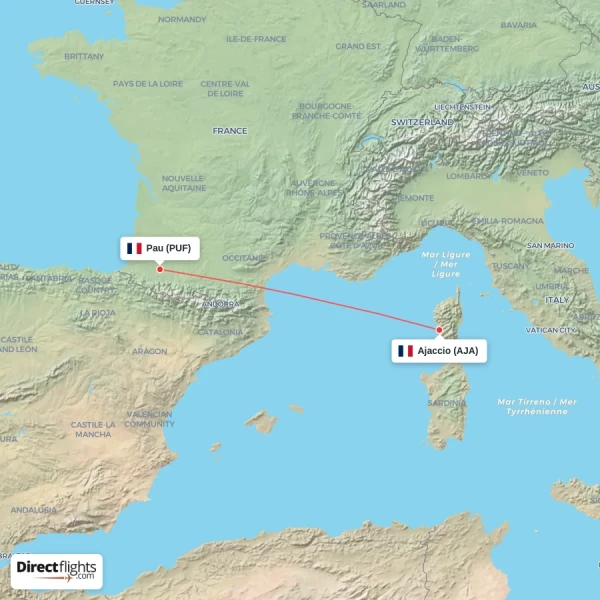 Pau - Ajaccio direct flight map